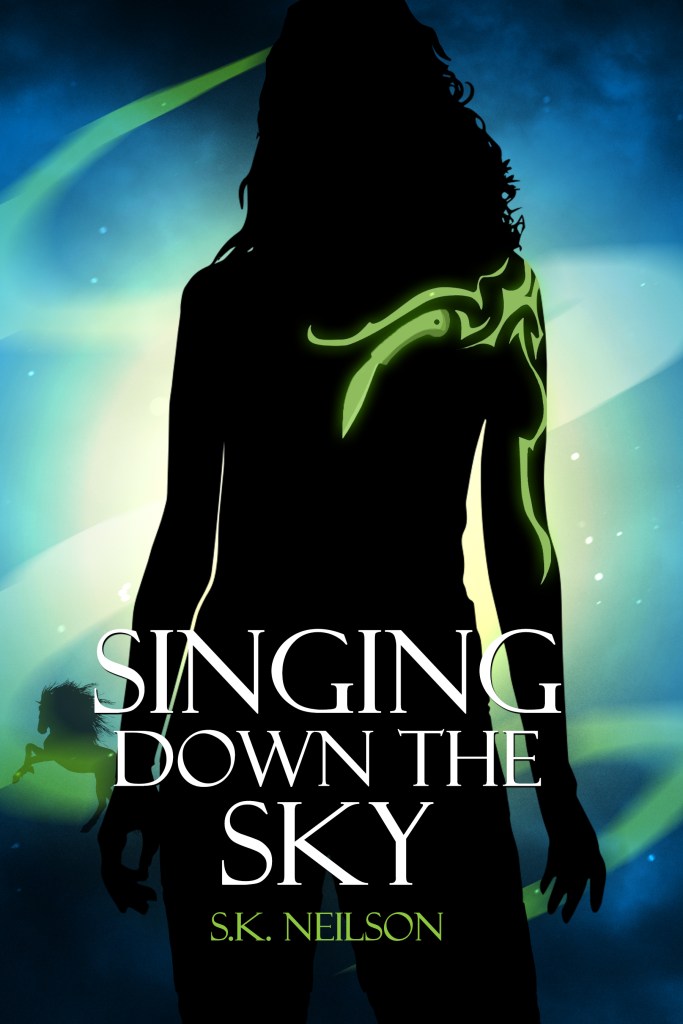 Book cover for 'Singing Down the Sky' by S.K. Neilson, featuring a silhouette of a woman with green markings against a blue background.