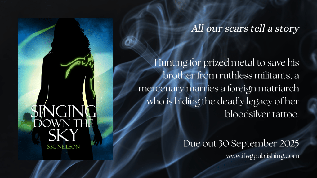 A blue smoky background with the book cover for Singing Down the Sky