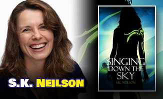 A photo of a smiling woman and the book cover of a woman's silhouette with a green tattoo and green and blue aurora in the background. The text reads Singing Down the Sky - S.K. Neilson